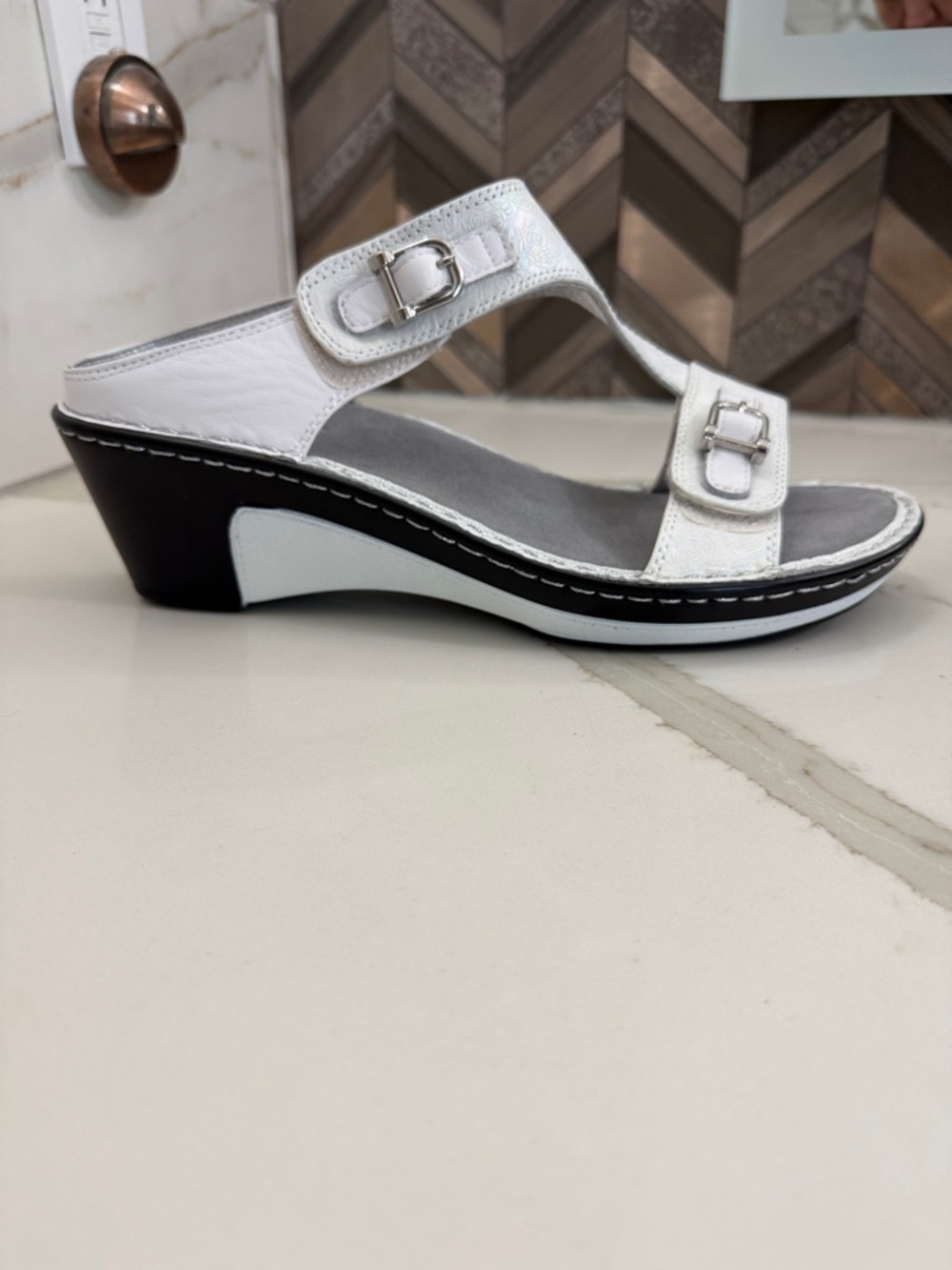 Alegria White and Black Wedge Slide with Buckle Straps